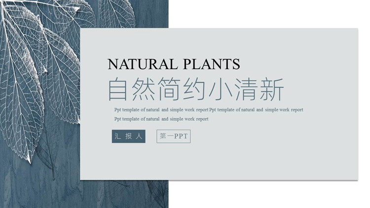 蓝色自然简约小清新树叶纹理背景商务汇报PPT模板